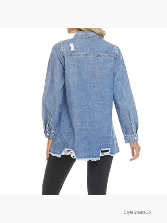 Distressed Denim Jacket Mid-Long Ripped Button Down Casual Women's - Picture 3 of 7